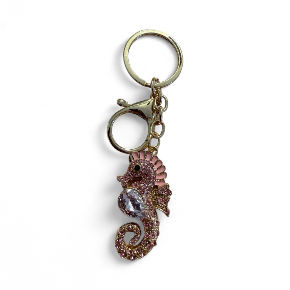 Sparkly Pink Seahorse Keychain with Gold Accents.
